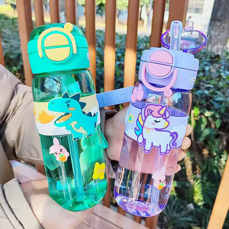 600ml Kids Water Bottle with Straw - Cute Dinosaur & Unicorn