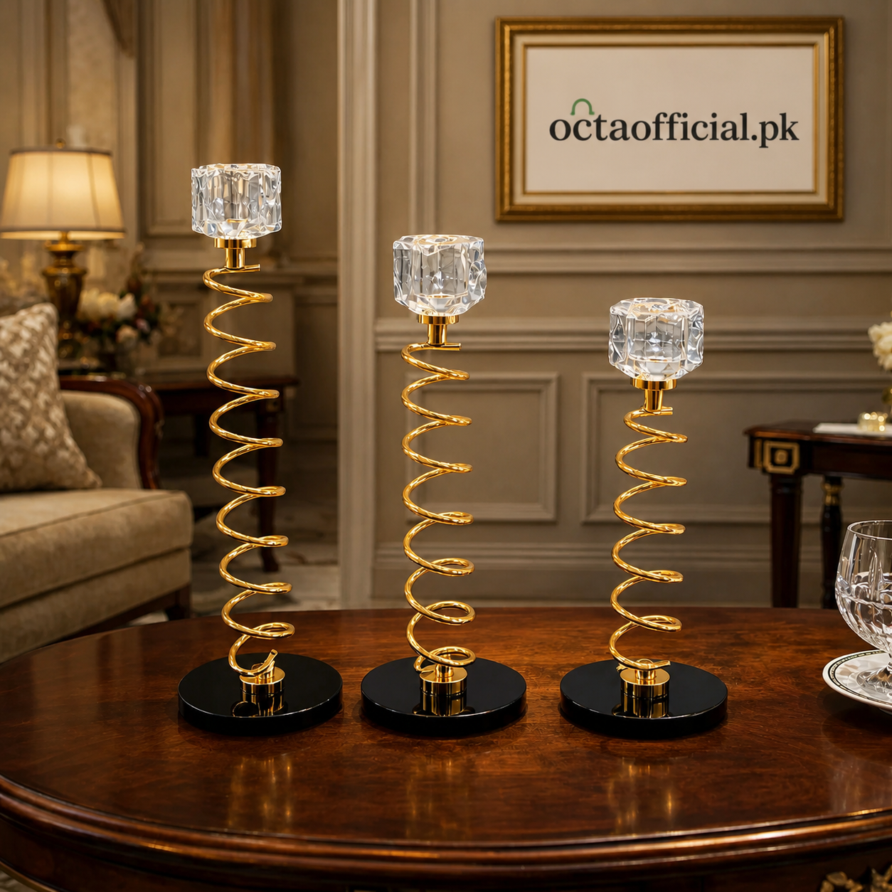 3-Piece Spiral Gold & Crystal Metal Candle Stand Set