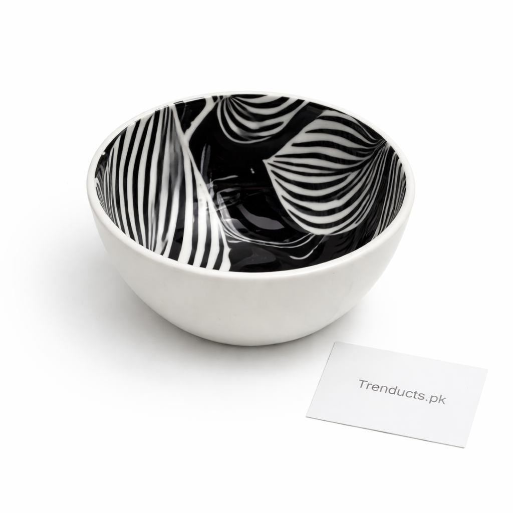 Danny Home's Modern Black & White Leaf Pattern Ceramic Dinnerware – Dessert Plate, Deep Plate, Salad Bowl & Bowl