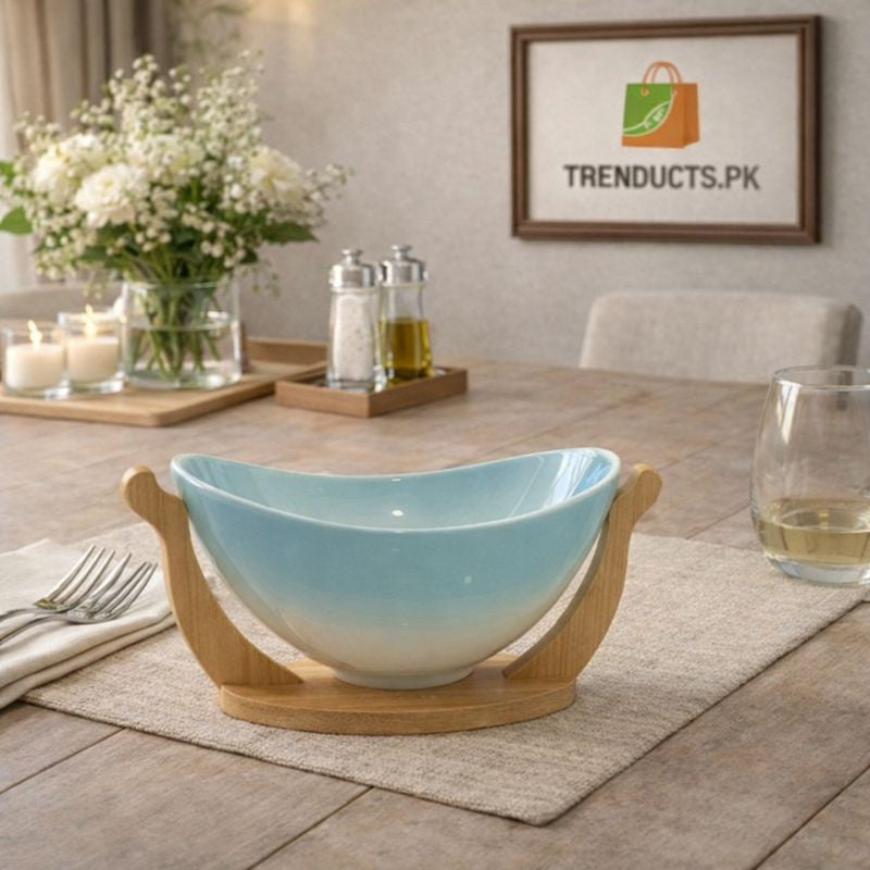 Modern Oval Ceramic Serving Bowl – 10" Aesthetic Platter with Elegant Wood Base