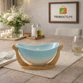 Modern Oval Ceramic Serving Bowl – 10" Aesthetic Platter with Elegant Wood Base
