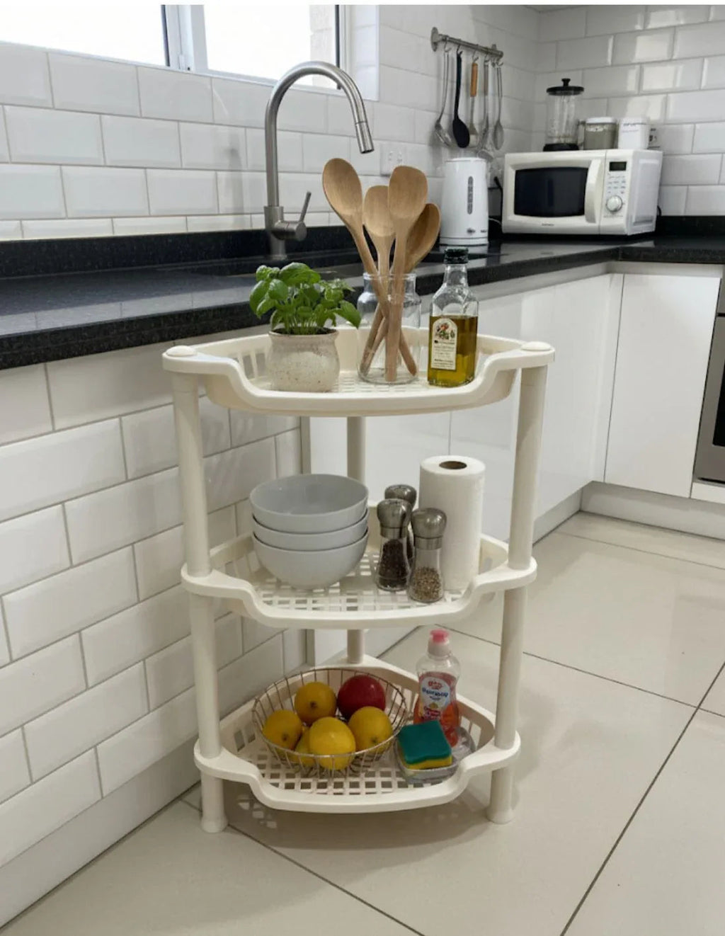 3 Layer Triangular Plastic Corner Shelf – 40×30cm Storage Rack