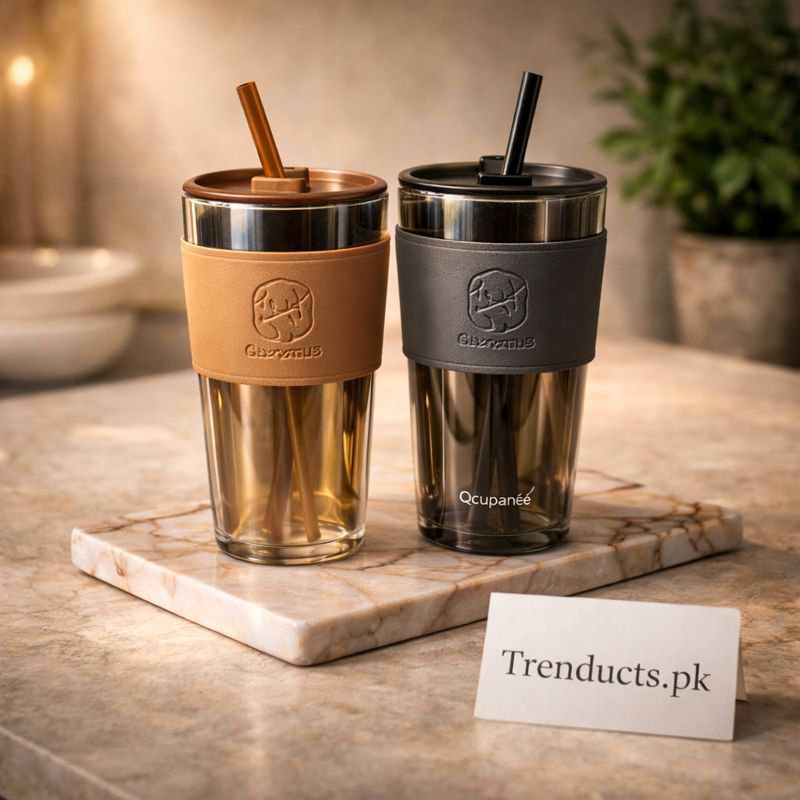 Gucgres Luxury Glass Tumbler - Modern Sipping Cup with Insulated Leather Sleeve & Straw (RANDOM COLOR)