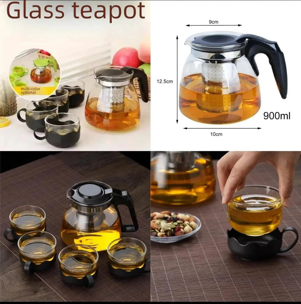 Heat Resistant Glass Teapot Set – 900ml Kettle with Stainless Steel Filter & 3 Cups