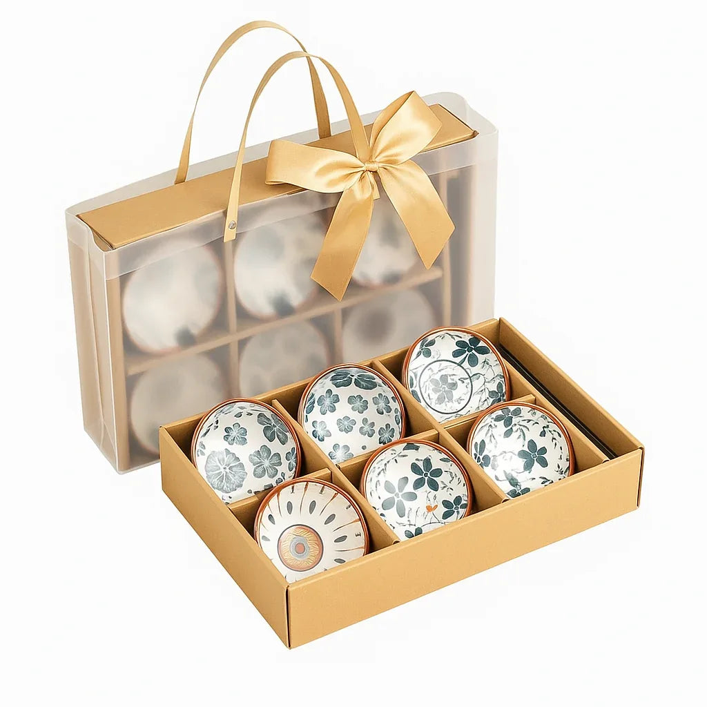 Japanese Style Ceramic Serving Bowls Set with Chopsticks - 6 Pieces Set