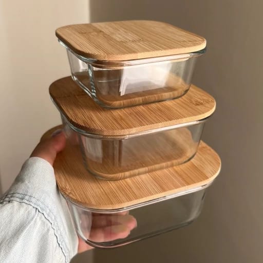 Luxury Eco-Square 3 Pieces Glass Dish Set with Bamboo Lids