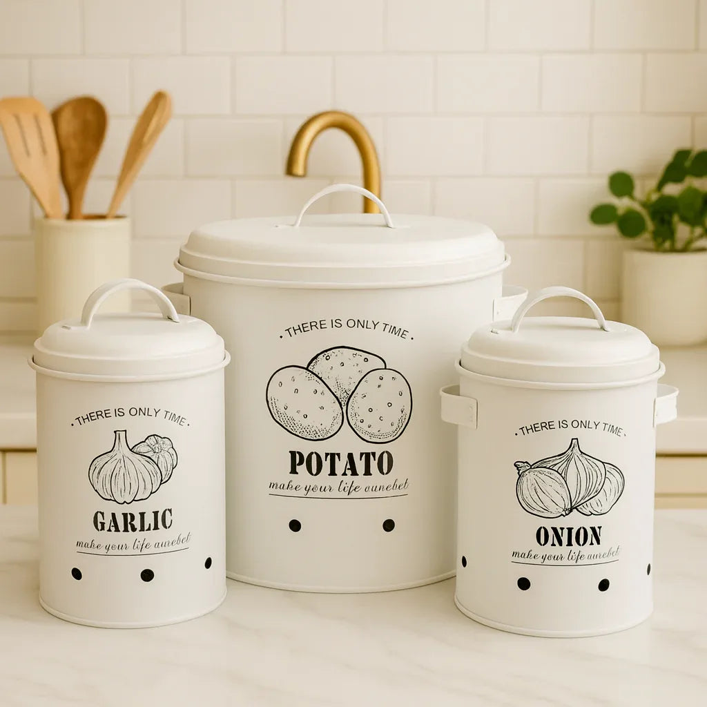 Luxury White Kitchen Canister Set – Potato, Onion & Garlic