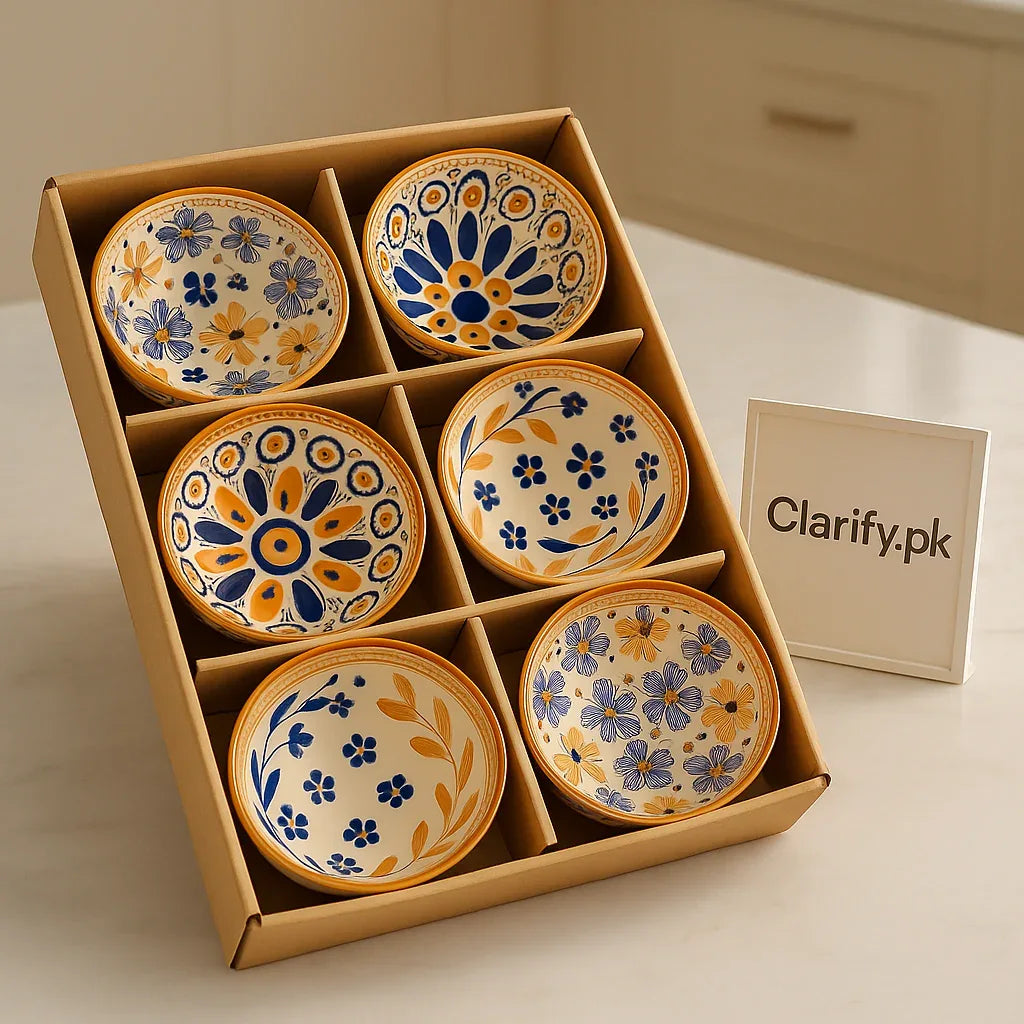 Premium 6 Pcs Ceramic Bowl Set – Blue & Mustard Pattern