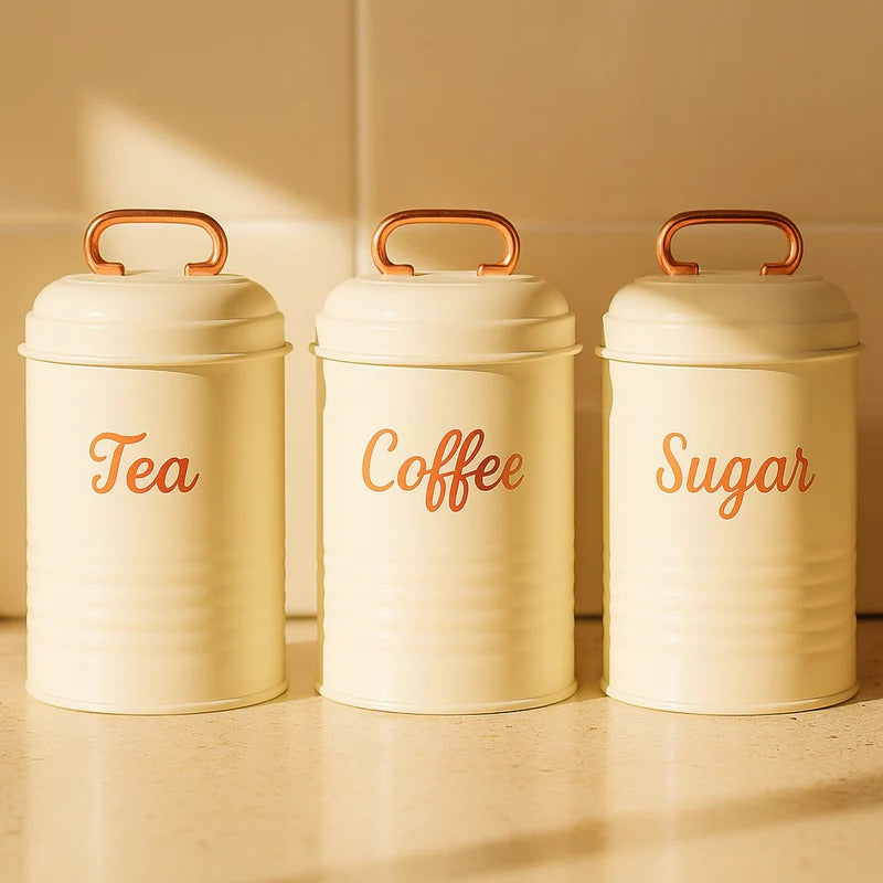 Vintage Metal Kitchen Canister Set – Tea, Coffee, & Sugar Trio