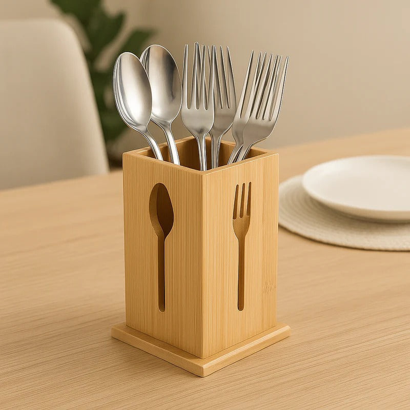 Spoon-Embossed Wooden Cutlery Holder – Handcrafted Tabletop Organizer
