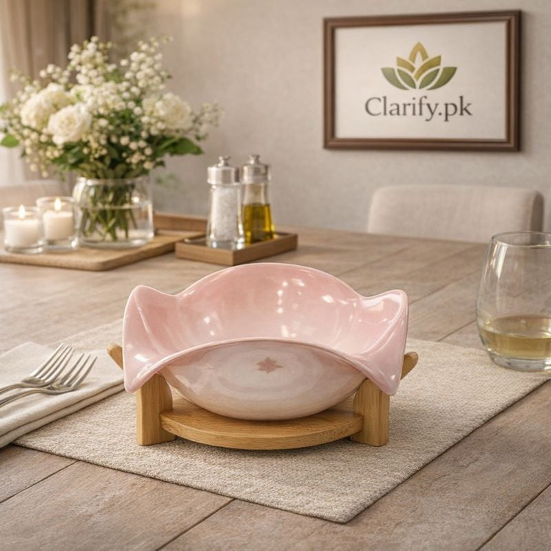 Modern Lotus-Style Ceramic Centerpiece Bowl - Elevated Wooden Stand 8"