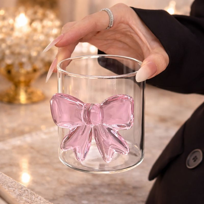 Luxury 3D Pink Bow Crystal Glass Mug - Elegant Coquette-Style Tea & Coffee Cup