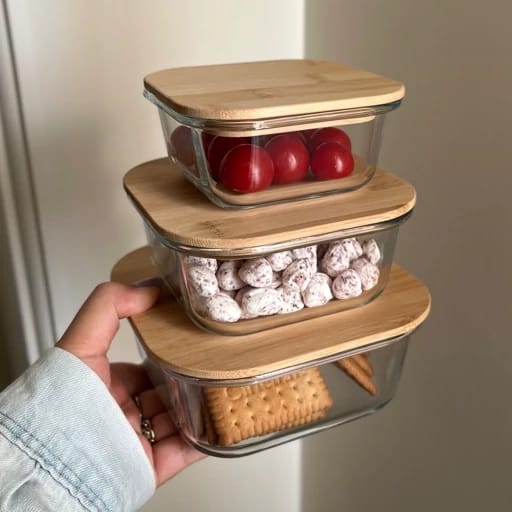 Luxury Eco-Square 3 Pieces Glass Dish Set with Bamboo Lids