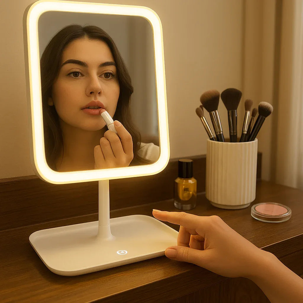 Square Round Mirror – 3 Modes LED Light, Rechargeable