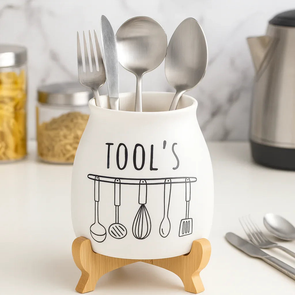 White Ceramic Utensil Holder for Kitchen Counter