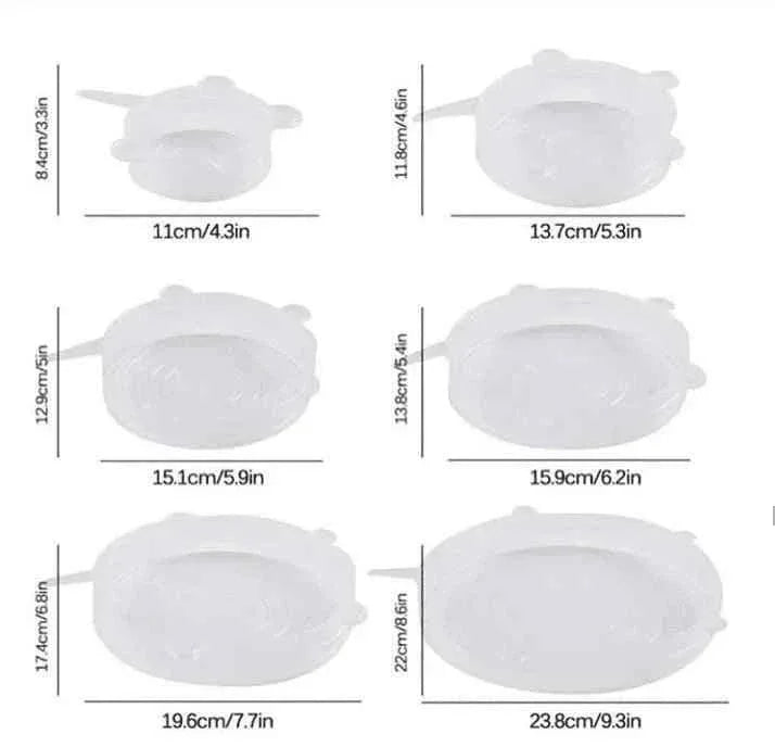 Pack of 6 Transparent Round Silicone Stretch Lids for Food Storage, Reusable and Durable Covers for Bowls, Cups, and Cans