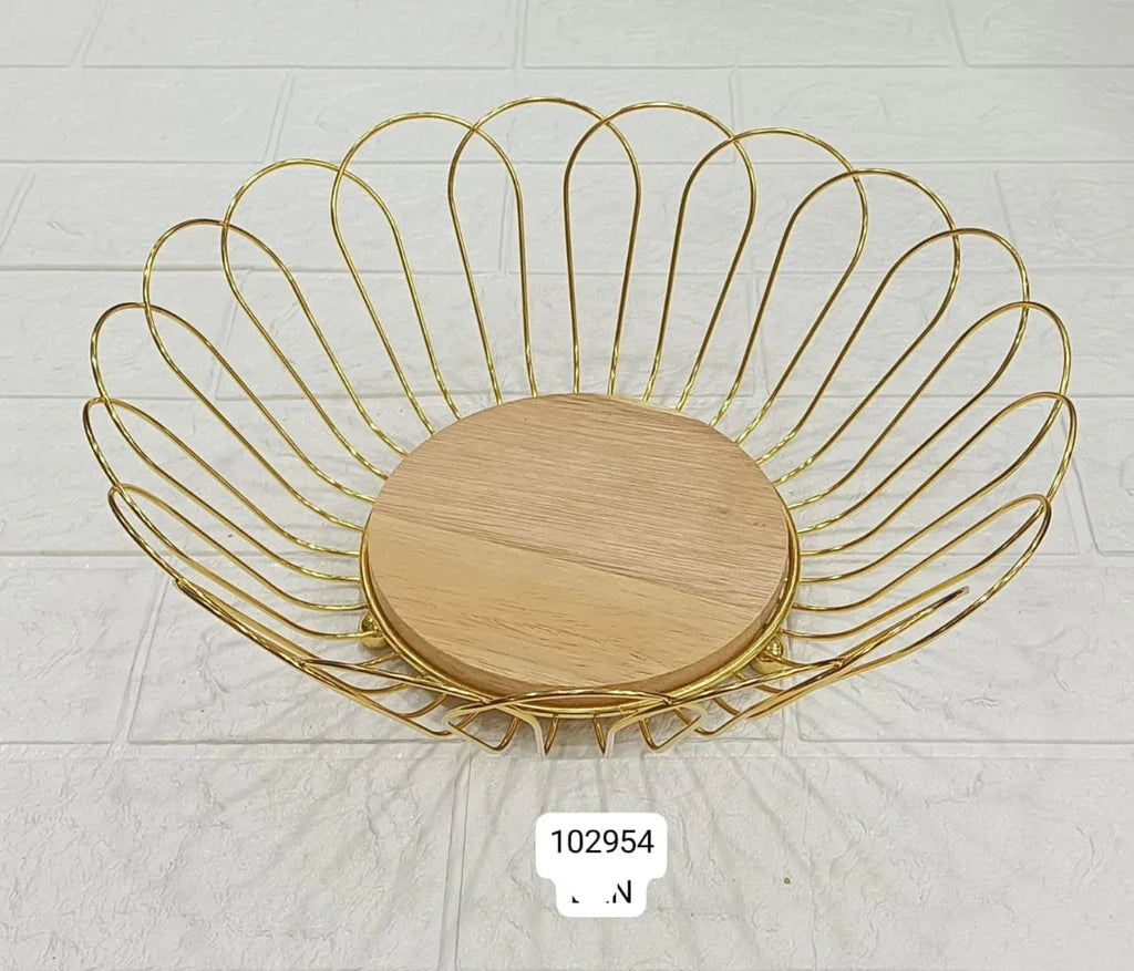 Luxury Golden Wire Fruit Basket with Wooden Base – Decorative Storage Bowl