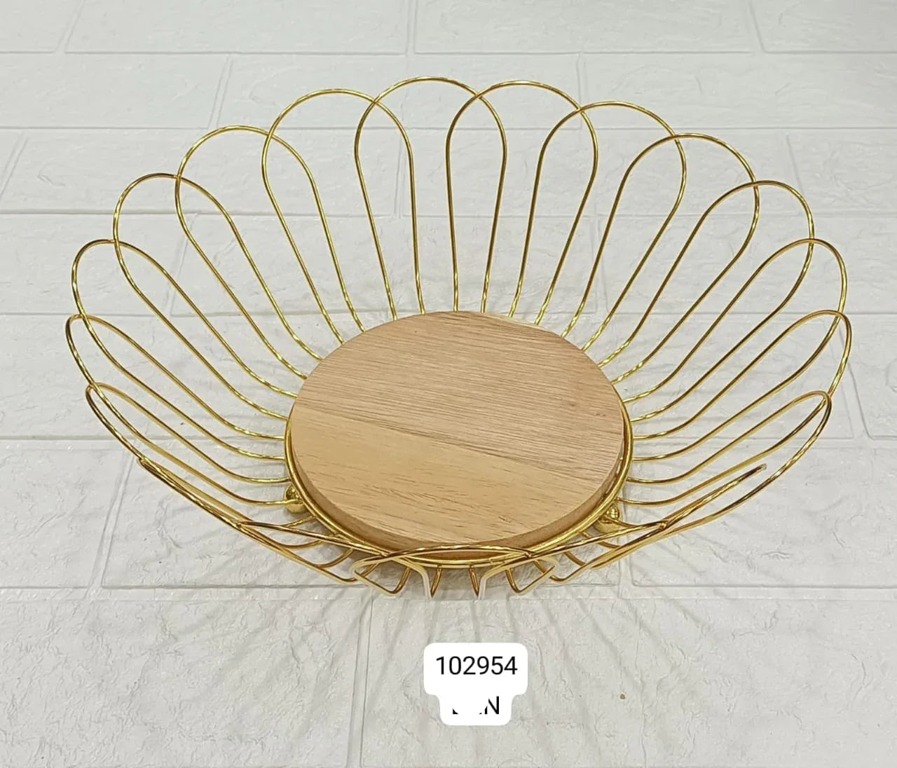 Luxury Golden Wire Fruit Basket with Wooden Base – Decorative Storage Bowl