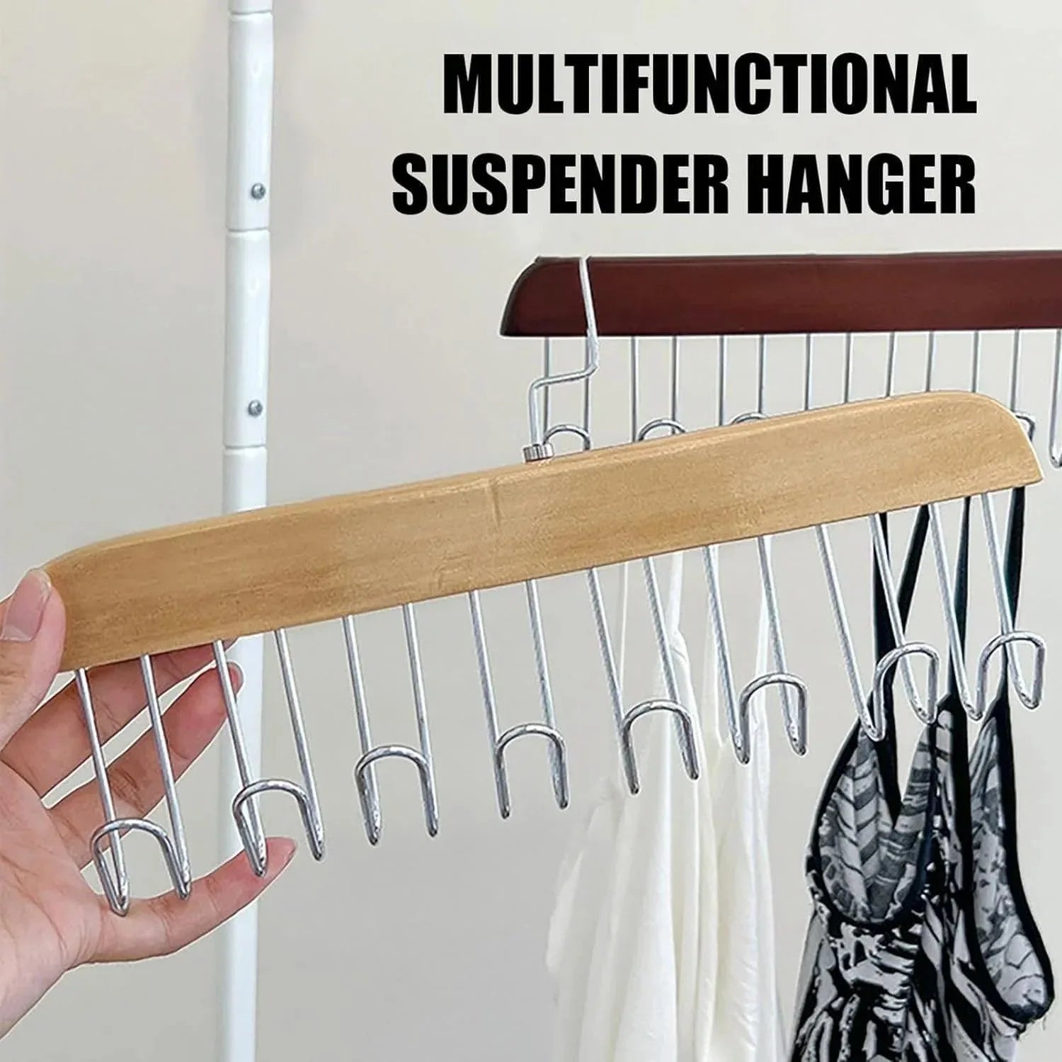 Multifunctional Wooden Hanger with 8 Hooks for Organizing Suspender and Accessories