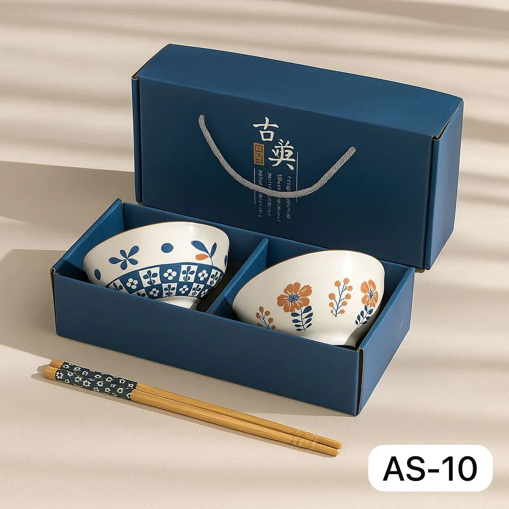 Japanese Ceramic Bowl Set of 2 with Chopsticks – Indigo Floral Print
