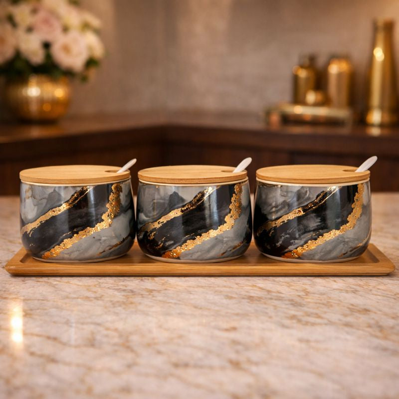 Elegant 3-Piece Marble-Patterned Ceramic Spice Jar Set – Luxury Jars with Bamboo Lids (Random)
