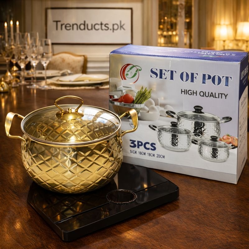 3pcs Golden Cooking Pots with Glass Lids
