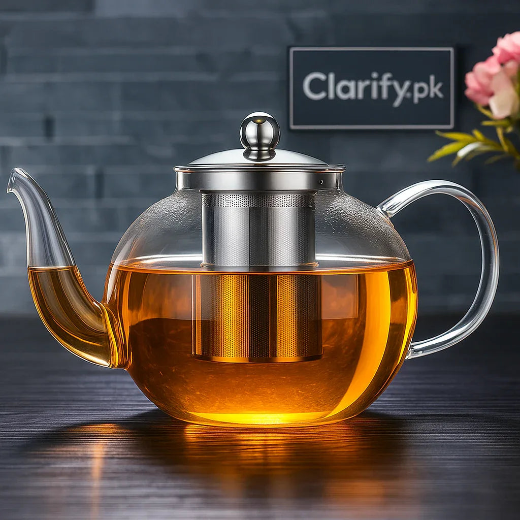 Premium Clear Glass Tea Kettle with Steel Filter & Lid
