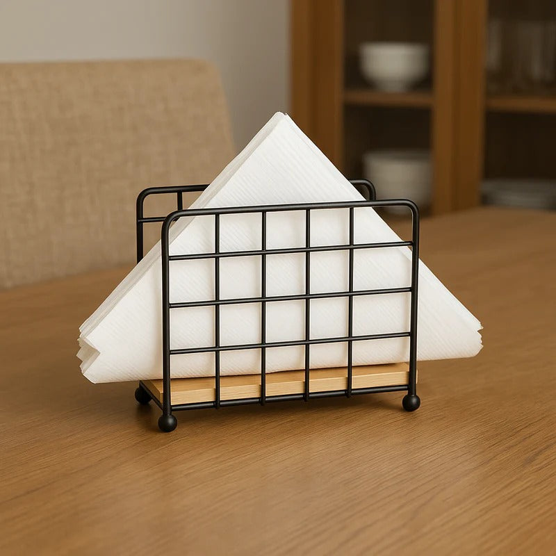 Modern Metallic & Oak Tissue Holder – Geometric Napkin Organizer