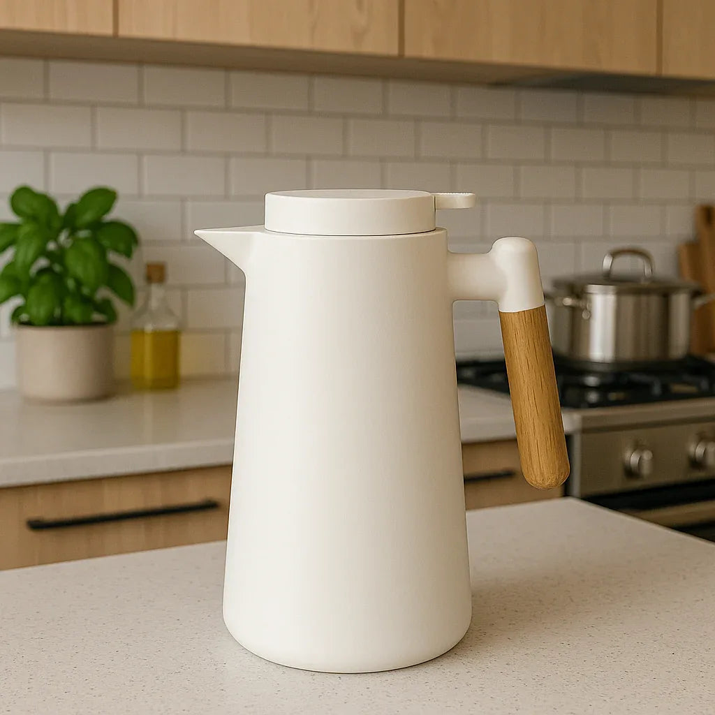 Elegant White Thermos Jug with Wooden Handle – 1 Liter