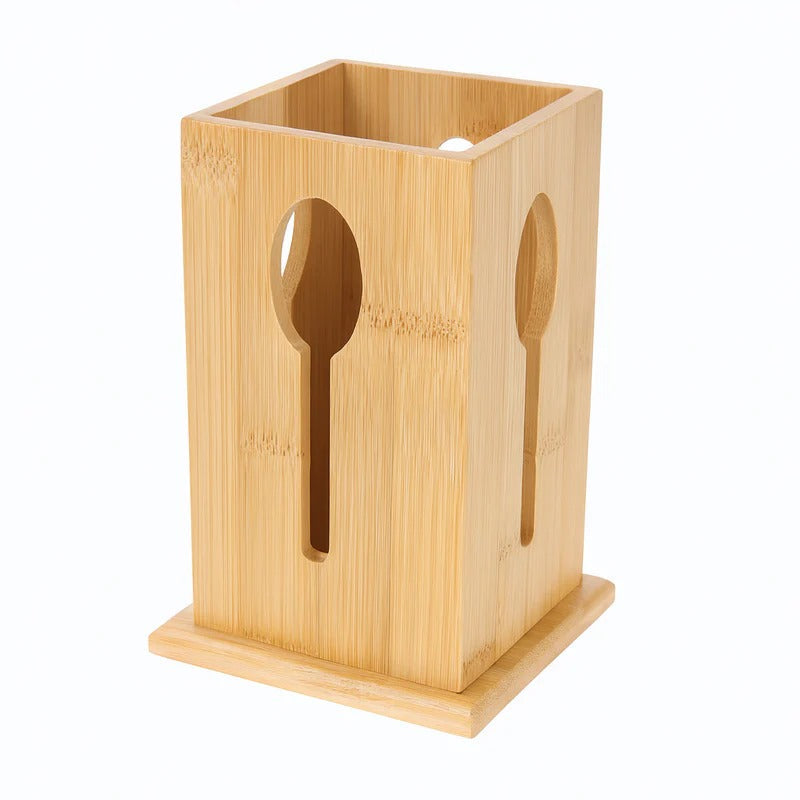 Spoon-Embossed Wooden Cutlery Holder – Handcrafted Tabletop Organizer