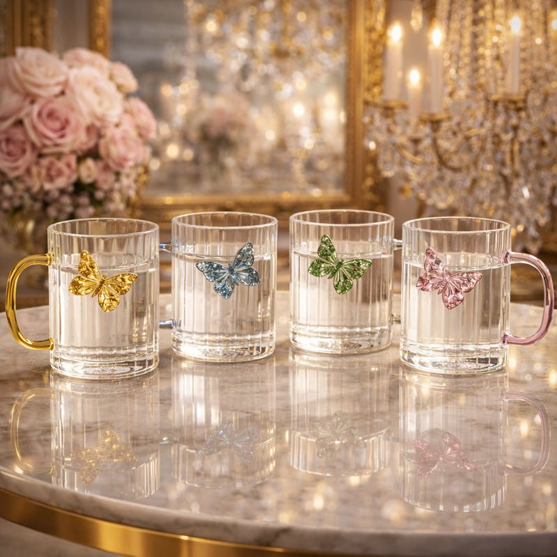 Luxury 3D Butterfly Striped Glass Mug - Creative Colored Handle Tea & Coffee Cup
