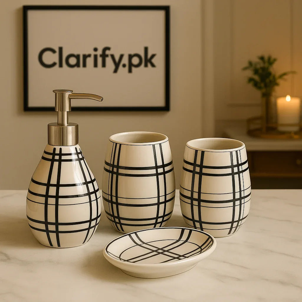 4Pcs Luxury Bath Set – Black & White Bathroom Accessories