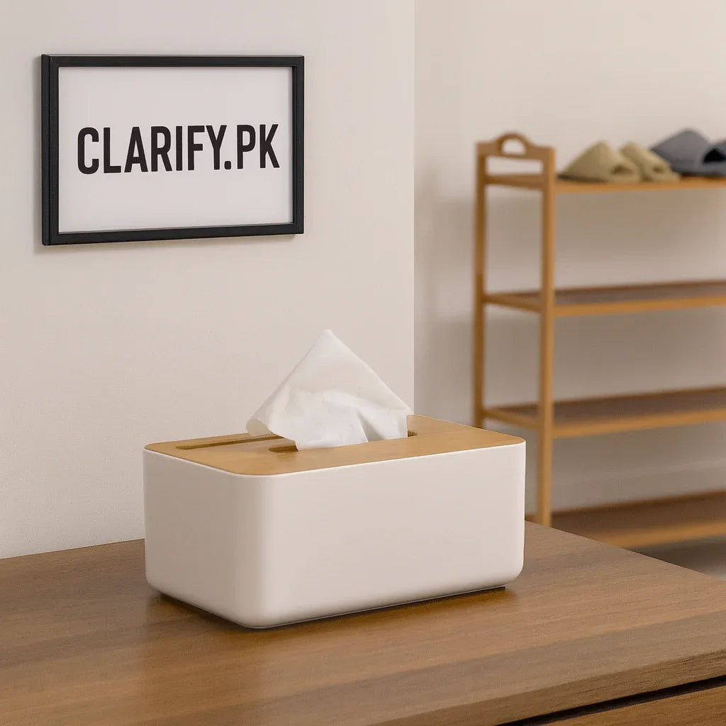 Modern Tissue Box with Bamboo Lid & Phone Holder
