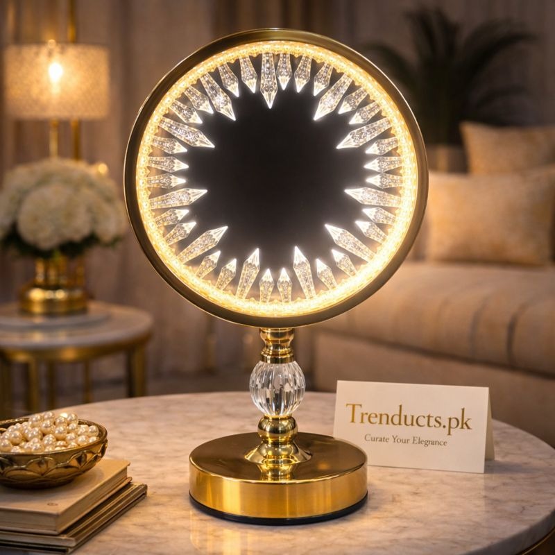 Luxury LED Crystal Halo Electric Lamp - Modern Circular Sunburst Decorative Table Light