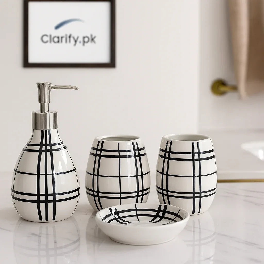 4Pcs Luxury Bath Set – Black & White Bathroom Accessories