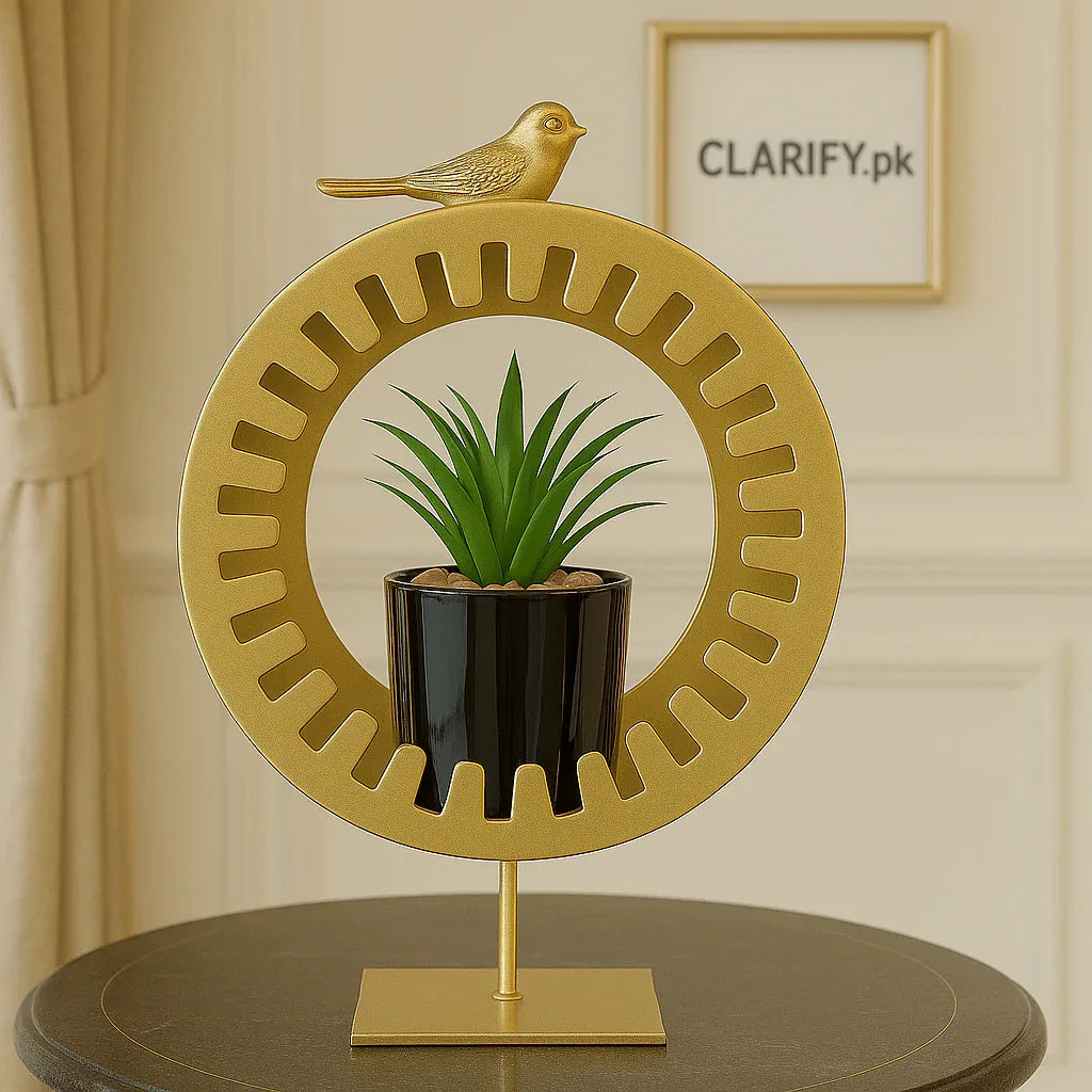 Golden Gear Ring Bird Metal Planter - Luxury Home Décor
