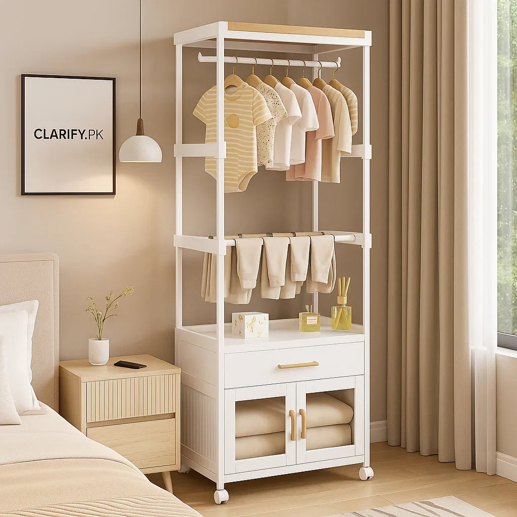 Portable Wardrobe with Cabinet & Hanger – Lightweight & Moveable