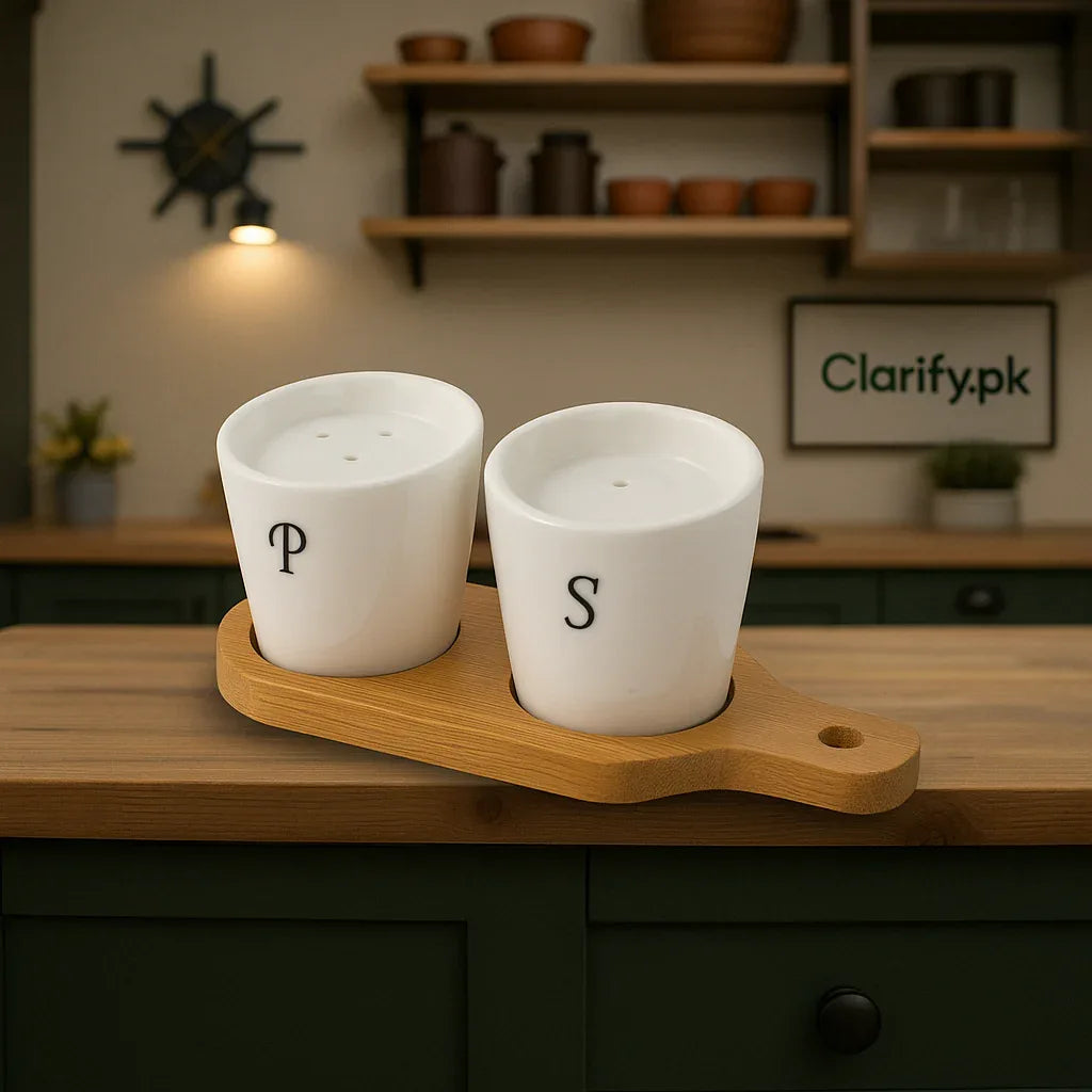 Ceramic Salt & Pepper Set – Bamboo Tray