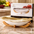 Large Ceramic Serving Platter – Scalloped Aesthetic Bowl with Natural Wood Base