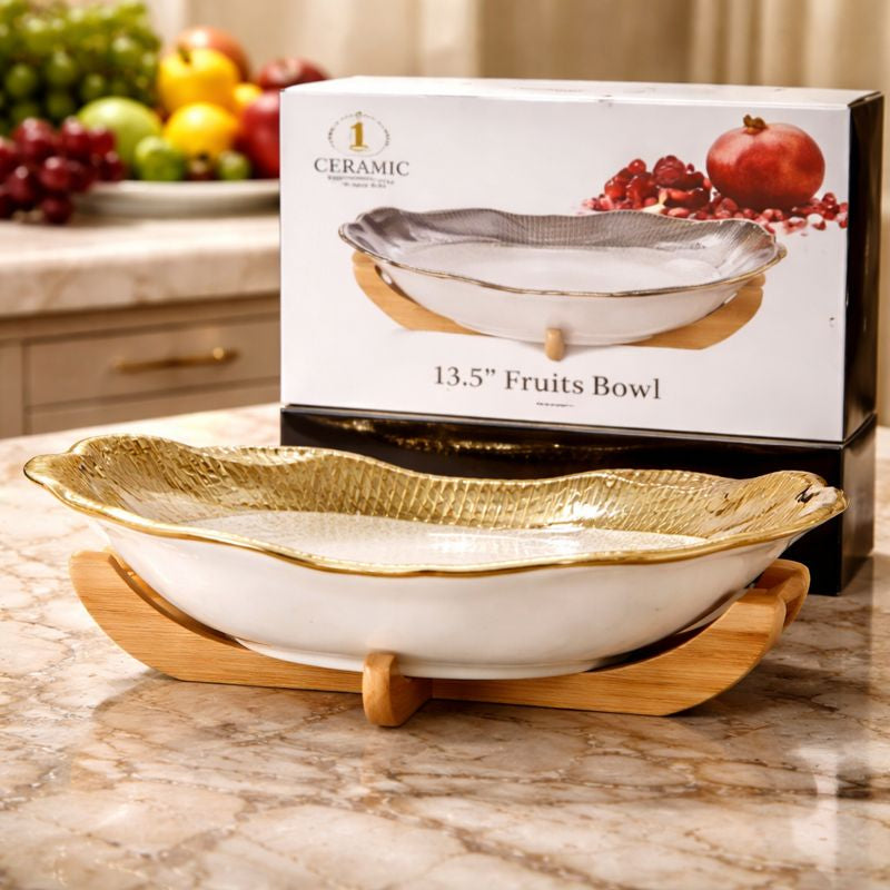 Large Ceramic Serving Platter – Scalloped Aesthetic Bowl with Natural Wood Base
