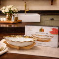 Luxury Gold-Rimmed Scalloped Ceramic Fruit Bowl with Decorative Wooden Stand