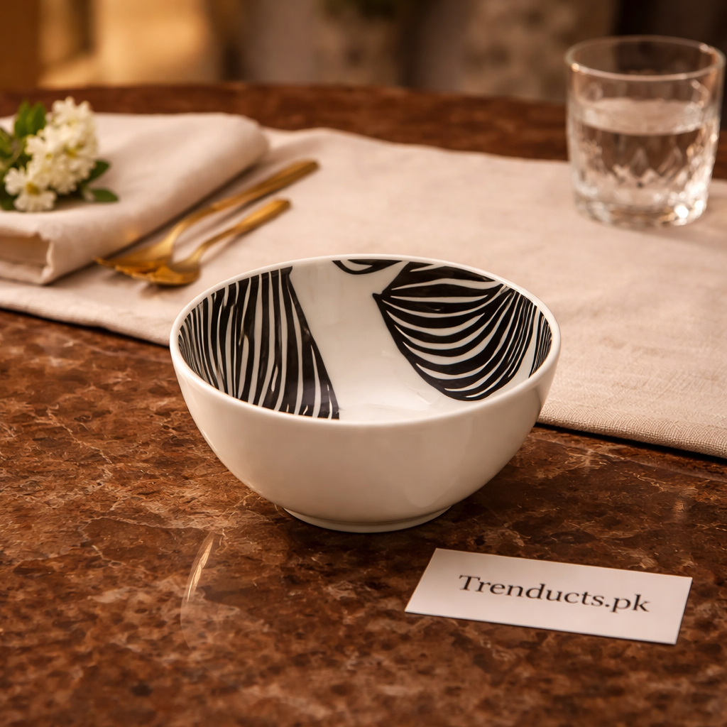 Danny Home's Modern Black & White Leaf Pattern Ceramic Dinnerware – Dessert Plate, Deep Plate, Salad Bowl & Bowl