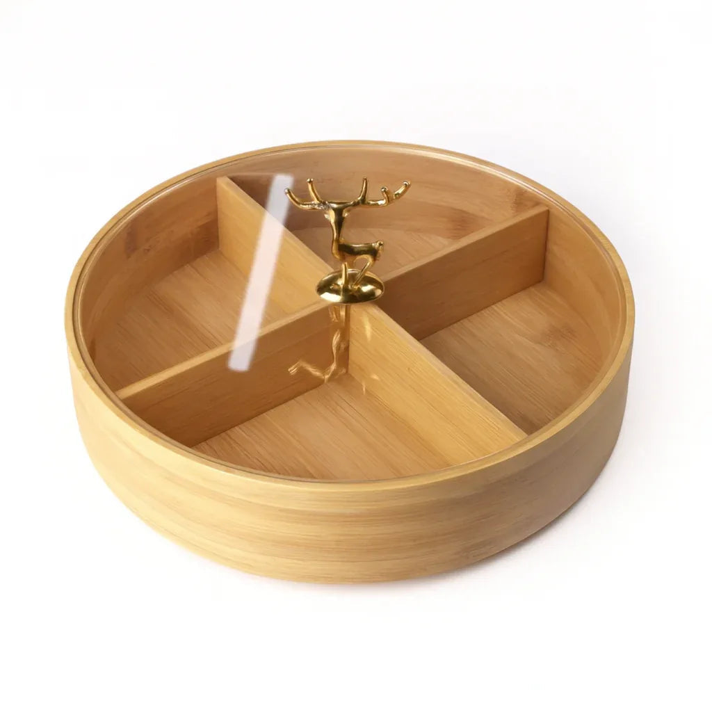 Round Wooden Dry Fruit Box with Lid – 4 Compartments