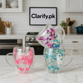Double Wall Flower Mug 350ml – Insulated Glass Coffee Cup (Random)