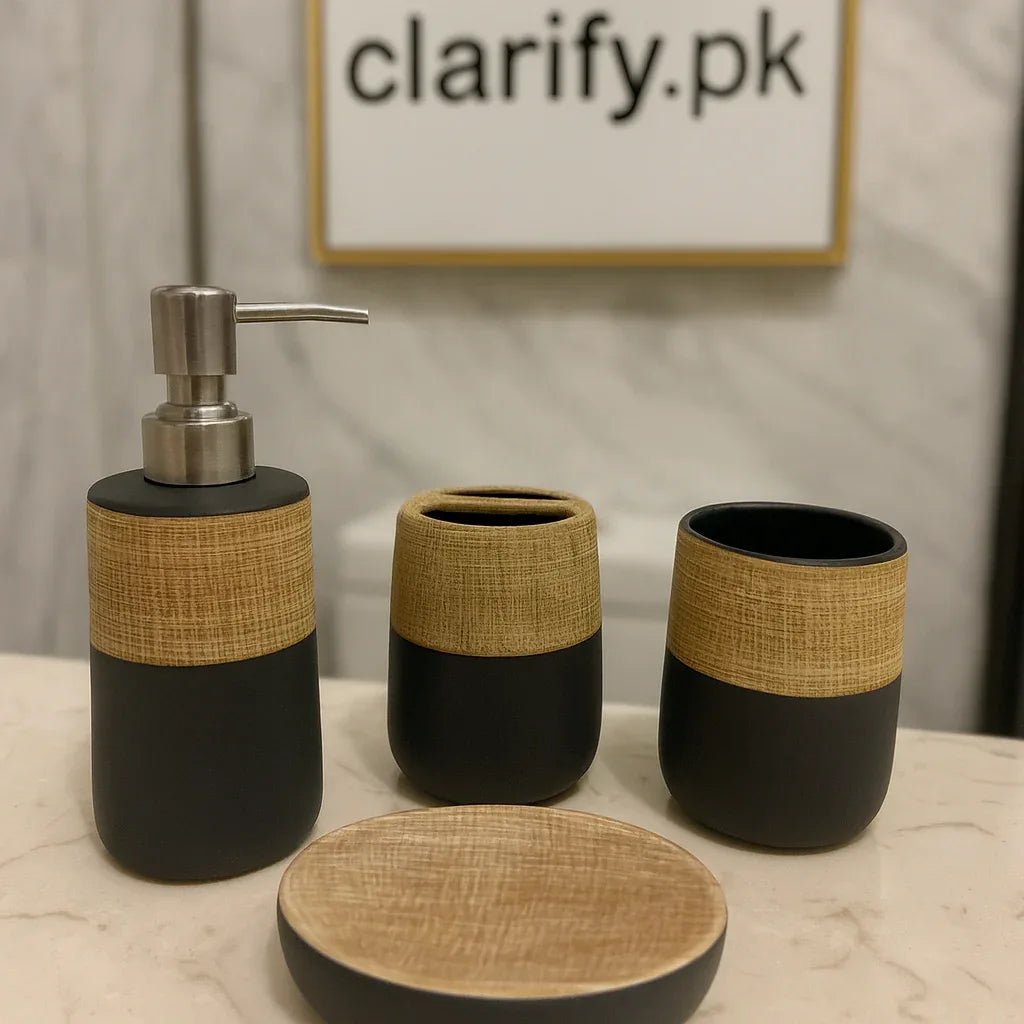 4Pcs Luxury Brown & Black Wooden Look Bath Set – Premium Bathroom Décor