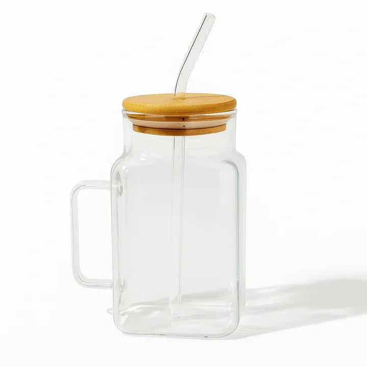 Mason Jar Glass with Handle & Bamboo Lid – Aesthetic