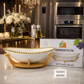 Large Oval Ceramic Centerpiece Bowl – Gold Trim with Elegant Wood Holder