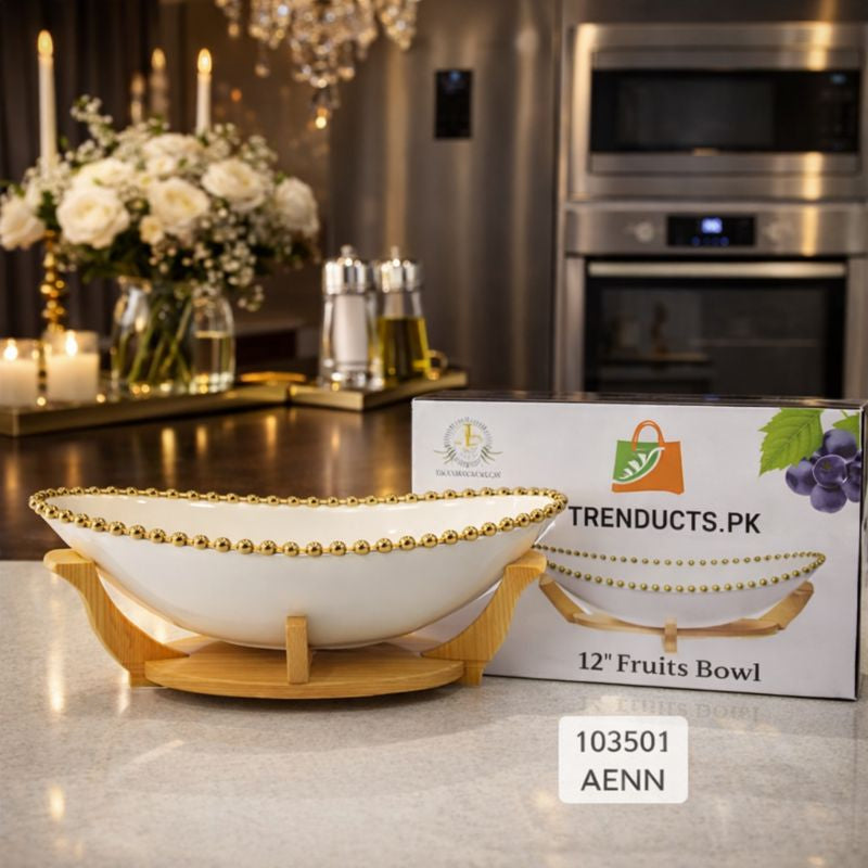 Large Oval Ceramic Centerpiece Bowl – Gold Trim with Elegant Wood Holder