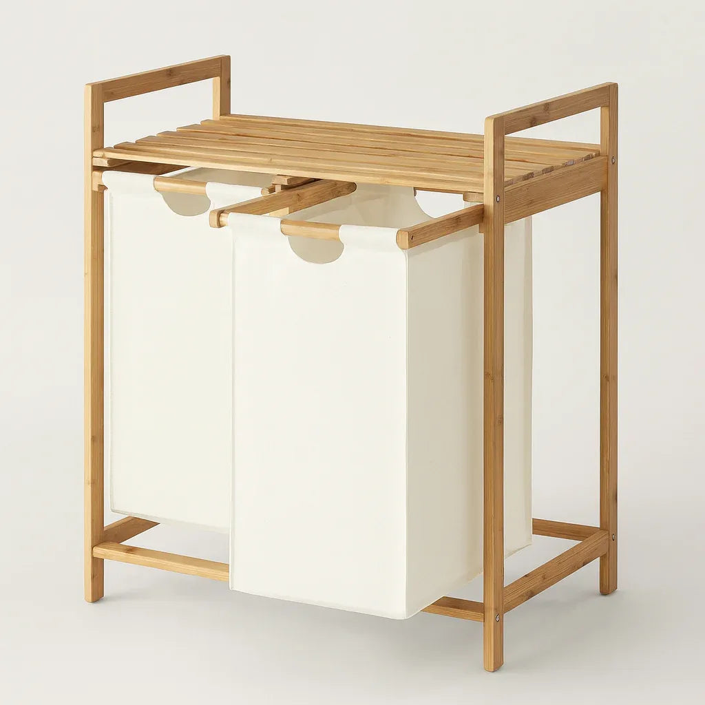 Dual Compartment Bamboo Laundry Basket with Fabric Bags