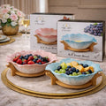 Scalloped Aesthetic Ceramic Fruit Bowl - Pastel Ombre with Wooden Base